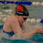 Juneau-Douglas High School: Yadaa.at Kalé senior Parker Boman swims a breaststroke lef of the girls 200 yard IM during the 2024 Region V Swim & Dive Championships Saturday at the Petersburg Aquatic Center. (Klas Stolpe / Juneau Empire)