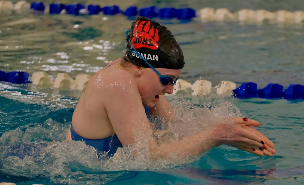 Juneau-Douglas High School: Yadaa.at Kalé senior Parker Boman swims a breaststroke lef of the girls 200 yard IM during the 2024 Region V Swim & Dive Championships Saturday at the Petersburg Aquatic Center. (Klas Stolpe / Juneau Empire)