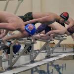 The start of the boys 200 yard free relay during the 2024 Region V Swim & Dive Championships Saturday at the Petersburg Aquatic Center. (Klas Stolpe / Juneau Empire)