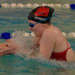 Juneau-Douglas High School: Yadaa.at Kalé senior Parker Boman swims the breaststroke in the girls 200 yard IM Friday during the 2024 Region V Swim & Dive Championships at the Petersburg Aquatic Center pool. (Klas Stolpe / Juneau Empire)