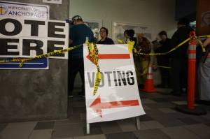 Voters line up at the polling site at Anchorage City Hall on Nov. 4, 2024. City Hall was one of the designated early voting sites in Alaskas largest city. It is not a designated site for Election Day voting. (Yereth Rosen/Alaska Beacon)