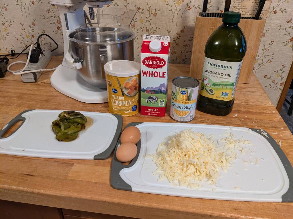 Ingredients for Mexican cornbread loaf with roasted green chiles and cheese. (Photo by Patty Schied)