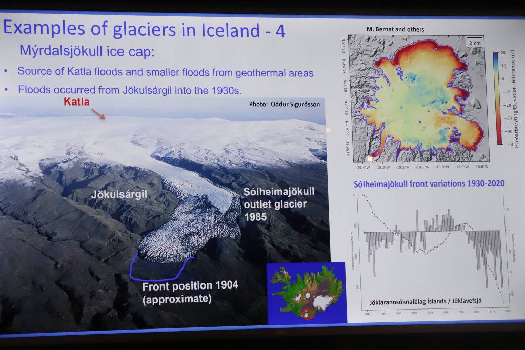 A presentation slide shows the Mýrdalsjökull ice cap as a source of Katla floods and smaller floods from geothermal areas. (Photo of slide from Þorsteinn Þorsteinssons Arctic Circle Assembly presentation by Jasz Garrett)