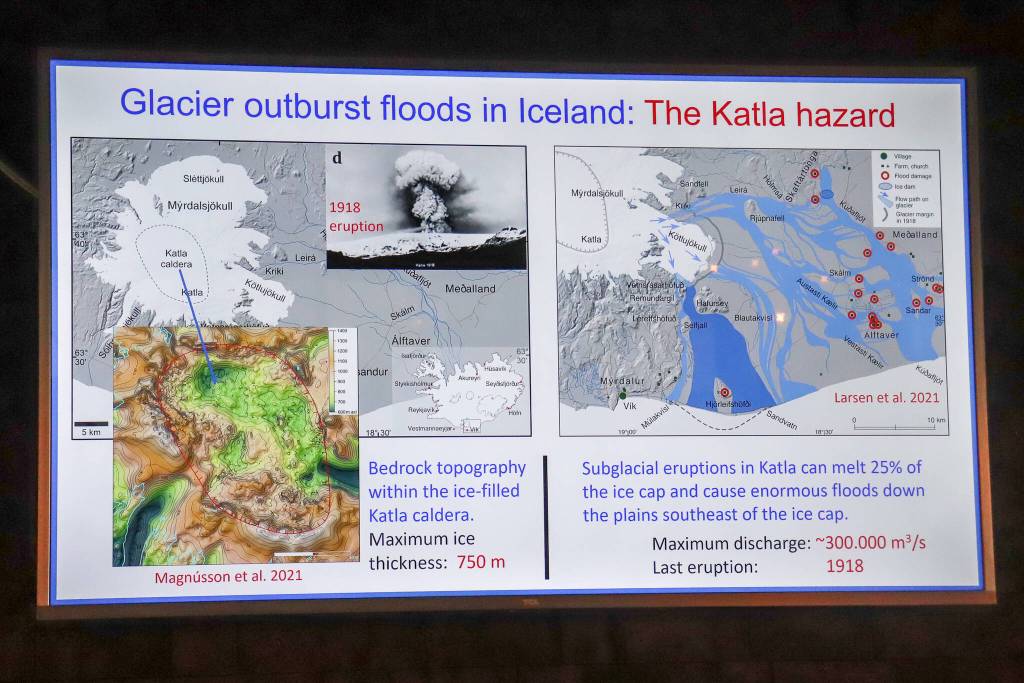 Glacier outburst floods in Iceland: The Katla hazard. Subglacial eruptions in Katla can melt 25% of the ice cap and cause enormous floods down the plains southeast of the ice cap. (Photo of slide from Þorsteinn Þorsteinssons Arctic Circle Assembly presentation by Jasz Garrett)