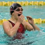 Juneau-Douglas High School: Yadaa.at Kalé sophomore Kennedy Miller reacts after finishing her closing leg of the girls 200 yard medley relay final during the ASAA Swim & Dive State Championships on Saturday at Anchorages Bartlett High School pool. (Klas Stolpe / Juneau Empire)