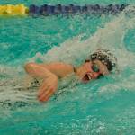 Juneau-Douglas High School: Yadaa.at Kalé senior Pacific Ricke swims in the girls 200 freestyle relay final during the ASAA Swim & Dive State Championships on Saturday at Anchorages Bartlett High School pool. (Klas Stolpe / Juneau Empire)