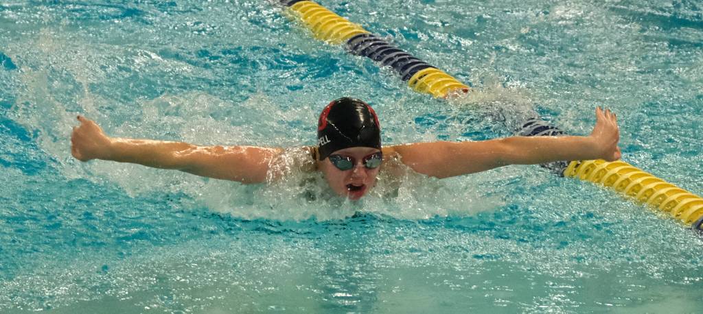 Juneau-Douglas High School: Yadaa.at Kalé senior Lucia Chapell swims in the girls 100 fly final during the ASAA Swim & Dive State Championships on Saturday at Anchorages Bartlett High School pool. (Klas Stolpe / Juneau Empire)