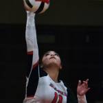 Juneau-Douglas High School: Yadaa.at Kalé junior Lavinia Maake serves in a game against Wasilla earlier this season. Maake was chosen player of the game on Thursday in the Crimson Bears opening loss to Service in the 2024 ASAA Volleyball State Championships at Anchorages Alaska Airlines Center. (Klas Stolpe / Juneau Empire file photo)