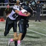 Juneau junior Gunnar Tarver tackles Colony senior Jordan Sterling during a game at Palmer this season. Tarver was selected an All-State defensive lineman. (Klas Stolpe / Juneau Empire file photo)