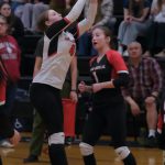 Juneau-Douglas High School: Yadaa.at Kalé junior Cambry Lockhart (4) and sophomore June Troxel (1) play a serve against Wasilla in a game earlier this season at the George Houston Gymnasium. The Crimson Bears season ended with two losses in the state tournament this weekend. Lockhart was selected an All-State Player of the Game. (Klas Stolpe / Juneau Empire file photo)