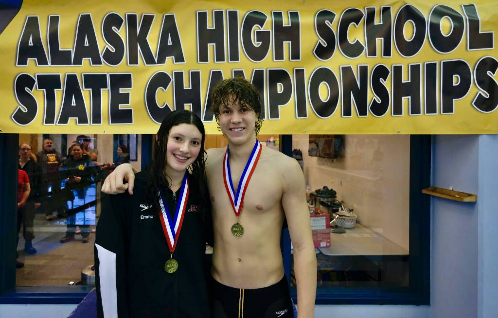 Then Juneau-Douglas High School: Yadaa.at Kalé junior Emma Fellman and Thunder Mountain High School senior PJ Foy were selected the Outstanding Female & Male Athletes of the 2023 ASAA State Swim & Dive Championships at the Dimond Park Aquatic Center. (Klas Stolpe)