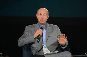 Mike Sfraga, then chair of the U.S. Arctic Research Commission, speaks on April 10, 2024, at the Arctic Encounter Symposium in Anchorage. He later became U.S. ambassador-at-large for Arctic Affairs. (Yereth Rosen/Alaska Beacon)