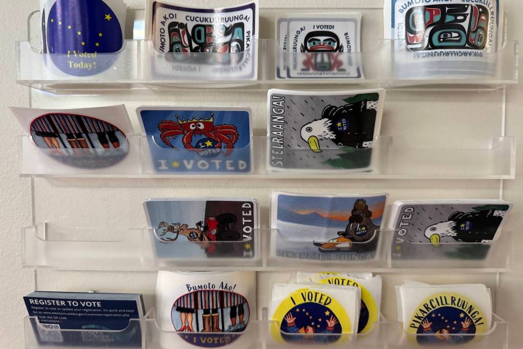 I voted stickers are seen on display in the headquarters offices of the Alaska Division of Elections in Juneau on Tuesday, Nov. 12, 2024. (James Brooks/Alaska Beacon)