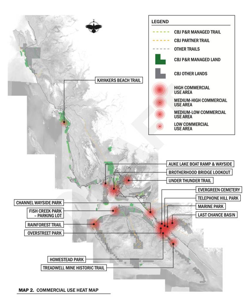 A map shows proposed commercial use designations for recreational areas in the City and Borough of Juneau under revised guidelines city officials will present Tuesday. (CBJ Parks and Recreation map)