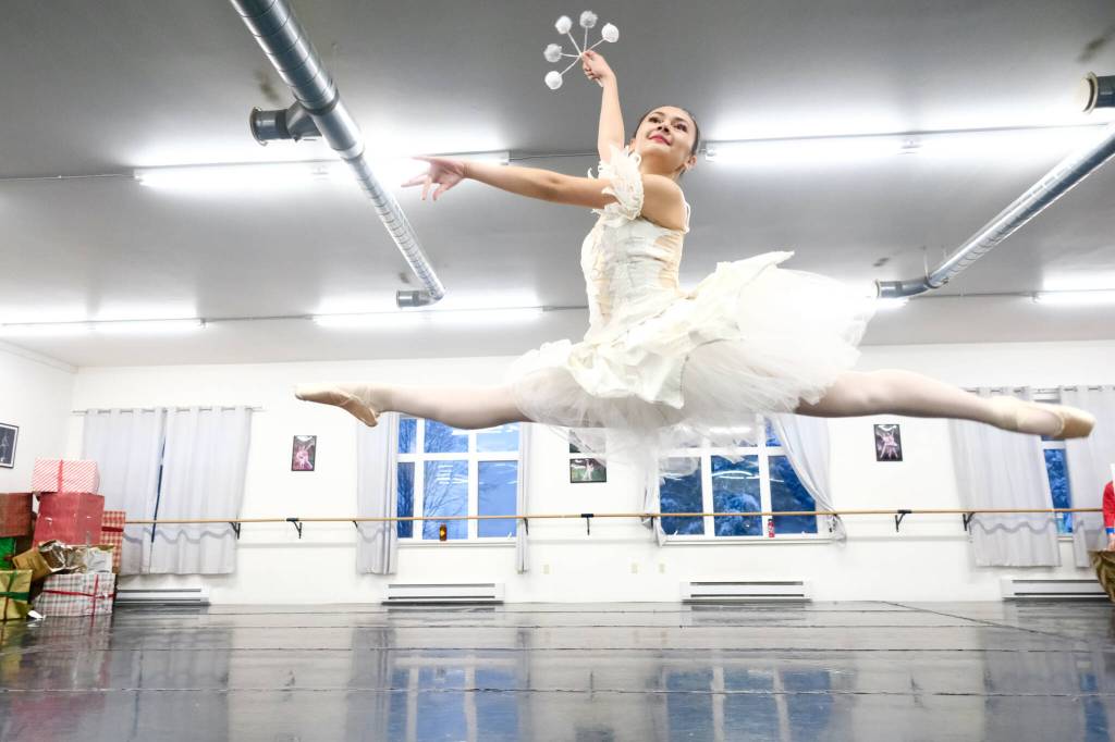 Snow Queen Abigail Portiles in Juneau Dance Theatres production of The Nutcracker during dress rehearsal Sunday at the JDT studio. (Klas Stolpe / Juneau Empire)