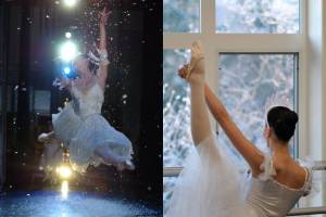 Oregon Ballet Theatre principal dancer Daniela DeLoe (left) performs a grand jete to open the snowflakes dance in the Land Of Snow during a performance of George Balanchines The Nutcracker. At right, Misha Culver stretches in her Snow costume during a 2009 dress rehearsal for The Nutcracker ballet at the Juneau Dance Unlimited studio. (Photos by Klas Stolpe)
