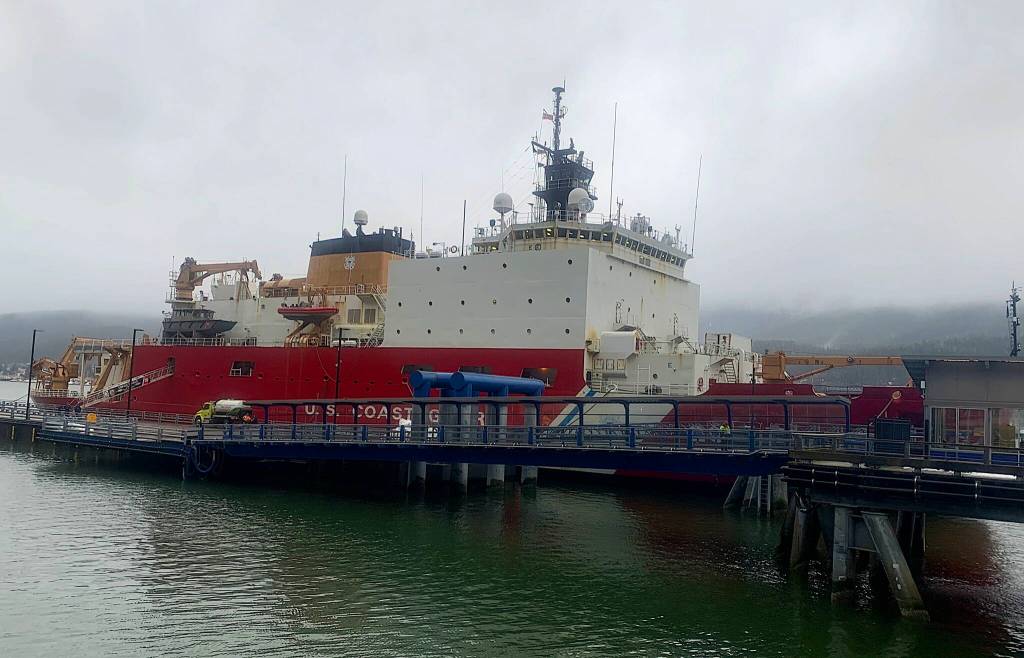 The U.S. Coast Guarda Healy icebreaker in dock downtown on Thursday. The ship is scheduled to remain in Juneau until Sunday. (Mark Sabbatini / Juneau Empire)