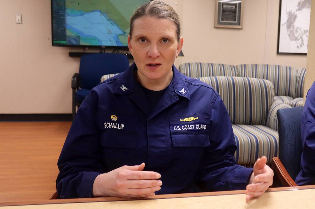 Capt. Michele Schallip, commanding officer of the U.S. Coast Guards Healy icebreaker, discusses the vessels research operations this fall in western and northern Alaska aboard the ship on Thursday. (Mark Sabbatini / Juneau Empire)