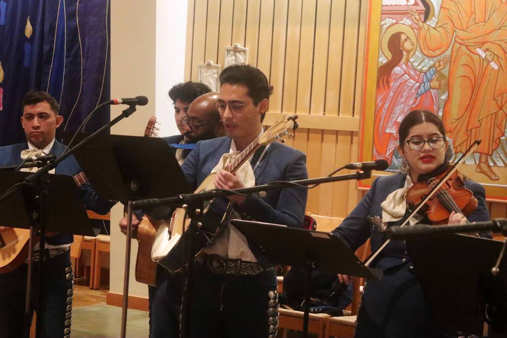Members of the Anchorage-based band Mariachi Agave Azul perform during a Feast Day of Our Lady of Guadalupe celebration at St. Pauls Catholic Church on Sunday. (Mark Sabbatini / Juneau Empire)
