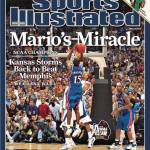 The April 14, 2008, cover of Sports Illustrated shows Mario Chalmers hitting a 3-point shot for Kansas with time running out in regulation in the 2008 NCAA basketball title game, sending the game into overtime and resulting in an eventual win for his team.