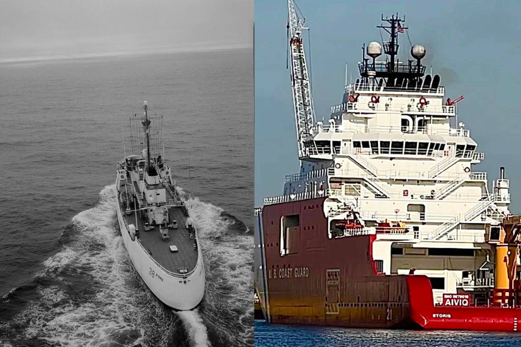 At left, the U.S. Coast Guards light icebreaker Storis is seen patrolling in Womens Bay near Kodiak on an unspecified date. At right, the Aiviq icebreaker, which arrived at a Florida shipyard about two weeks ago, is seen with a new paint job matching that of other modern Coast Guard icebreakers and the name Storis painted on its stern. (Photo of Storis from the Library of Congress / Photo of Aiviq by USCG Auxiliary Public Affairs)