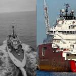 At left, the U.S. Coast Guards light icebreaker Storis is seen patrolling in Womens Bay near Kodiak on an unspecified date. At right, the Aiviq icebreaker, which arrived at a Florida shipyard about two weeks ago, is seen with a new paint job matching that of other modern Coast Guard icebreakers and the name Storis painted on its stern. (Photo of Storis from the Library of Congress / Photo of Aiviq by USCG Auxiliary Public Affairs)