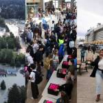 At left, homes and streets in the Mendenhall Valley are swamped by record flooding from the Mendenhall River on Aug. 6. At center, students crowd into the commons area of Juneau-Douglas High School: Yadaa.at Kalé before classes start on the first day of school Aug. 15. At right, Jasmine Chavez, a crew member aboard the Quantum of the Seas cruise ship, waves to her family during a cell phone conversation at Marine Park on May 10. (Left photo by Rich Ross/ City and Borough of Juneau; middle and right photos by Mark Sabbatini / Juneau Empire)