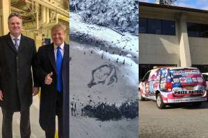 Gov. Mike Dunleavy and President-elect Donald Trump (left) will be working as chief executives at opposite ends of the U.S. next year, a face constructed of rocks on Sandy Beach is seen among snow in November (center), and KINYs prize patrol van (right) flashes its colors outside the station this summer. (Photos, from left to right, from Gov. Mike Dunleavys office, Elliot Welch via Juneau Parks and Recreation, and Mark Sabbatini via the Juneau Empire)