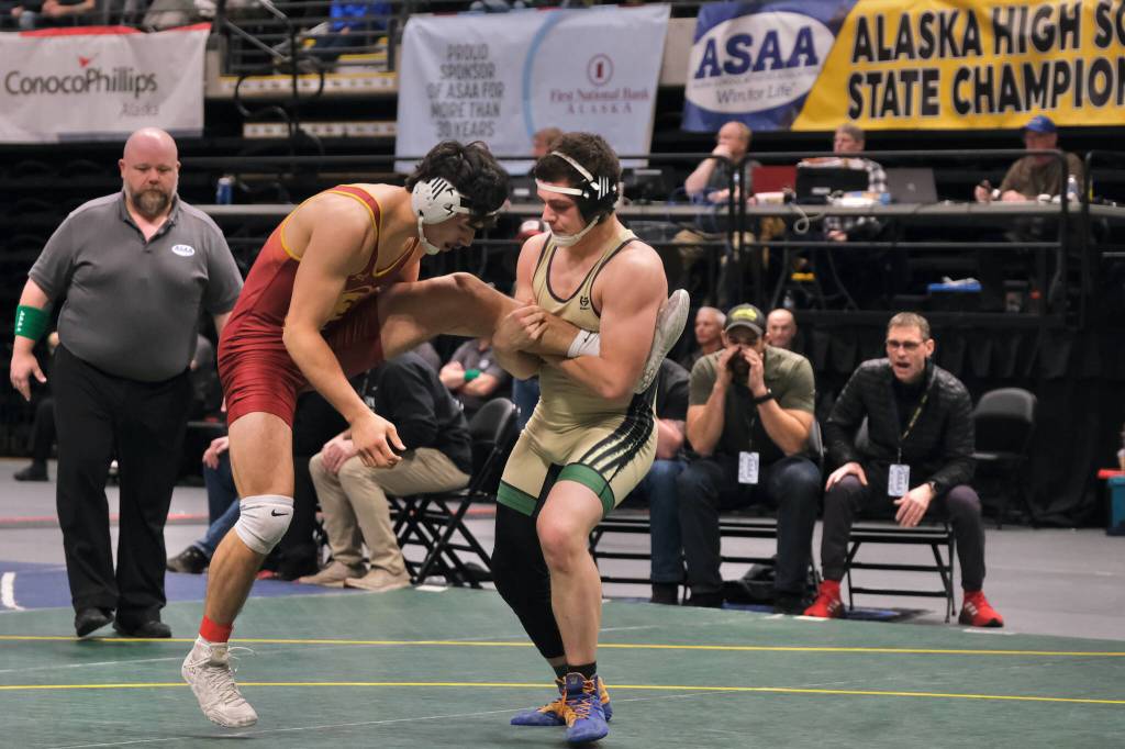 Mt. Edgecumbe senior Richard Didrickson and Haines senior James Stickler wrestle for the 215-pound DII title during the 2024 ASAA/First National Bank Alaska Wrestling State Championships on Saturday at Anchorages Alaska Airlines Center. (Klas Stolpe / Juneau Empire)