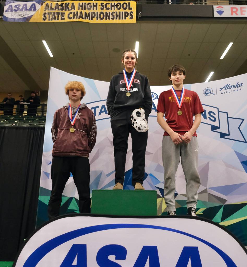 Ketchikan senior Titan Linne, Hoonah senior Krista Howland and Mt. Edgecumbe junior Elden Andrew were selected the Outstanding Wrestlers for the DI, Girls and DII divisions during the 2024 ASAA/First National Bank Alaska Wrestling State Championships on Saturday at Anchorages Alaska Airlines Center. (Klas Stolpe / Juneau Empire)