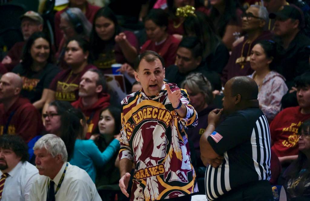 Mt. Edgecumbe High School coach Archie Young talks to an official during the 2024 ASAA March Madness Alaska 3A Boys Basketball State Championship game at Anchorages Alaska Airlines Center. Young was selected 3A coach of the year by the Alaska Basketball Coaches Association. (Klas Stolpe / Juneau Empire file photo)