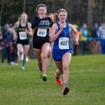 Petersburg freshman Arielle Tucker (412) leads Susitna Valley junior Calla Fish (497) to the finish of Septembers Division III 2024 ASAA cross-country running state championships on Anchorages Bartlett High School Trails. (Klas Stolpe / Juneau Empire file photo)