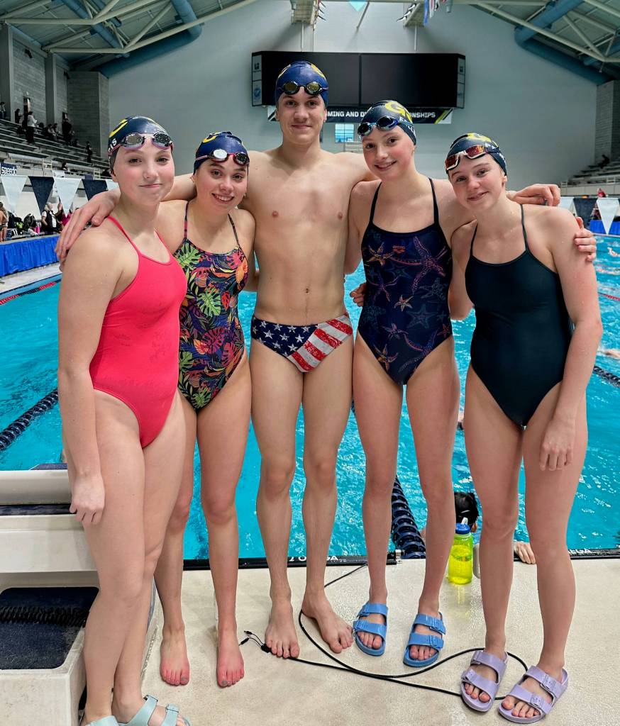 Glacer Swim Club athletes Lily Francis, Samantha Schwarting, PJ Foy, Emma Fellman and Valerie Piemann at the Speedo Sectionals in Federal Way, Washingon, in March. (Photo courtesy GSC)
