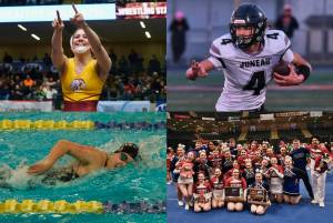 Clockwise from top left, Hoonah senior wrestler Krista Howland, Juneau senior football player Jayden Johnson, Juneau sophomore swimmer Amy Liddle, and the Juneau-Douglas High School: Yadaa.at Kalé Crimson Bears and Thunder Mountain Falcons cheer teams achieved some of the most notable moments in Southeast Alaska sports during 2024. (Klas Stople / Juneau Empire file photos)