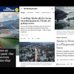 Juneau-related stories about tourism and flooding from The Guardian, The Washington Post and The New York Times were typical of most global coverage about Alaskas capital city during 2024. (Screenshots from mobile websites of the respective publications)