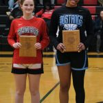 The 2024 girls George Houston Capital City Classic free throw champion Cambry Lockhart (Juneau-Douglas High School: Yadaa.at Kalé) and three-point champion Natalie Horn (Chugiak). (Klas Stolpe / Juneau Empire)