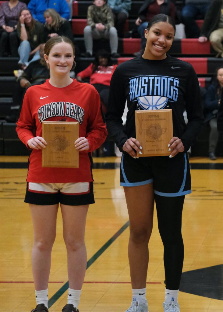 The 2024 girls George Houston Capital City Classic free throw champion Cambry Lockhart (Juneau-Douglas High School: Yadaa.at Kalé) and three-point champion Natalie Horn (Chugiak). (Klas Stolpe / Juneau Empire)