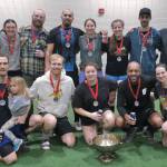 The 32nd Annual Holiday Cup Soccer Tournament Masters Division champions Eggnog and Nutmegs pose Tuesday, Dec. 31, at the Dimond Park Field House after victory. (Klas Stolpe / Juneau Empire)