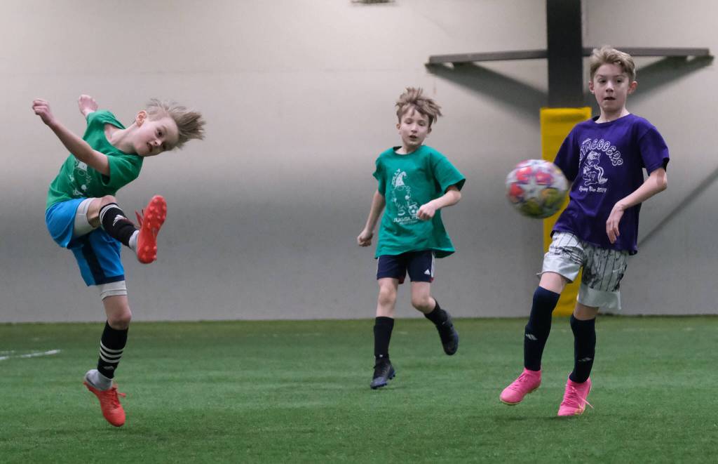 Elementary Division action at the 32nd Annual Holiday Cup Soccer Tournament on Tuesday, Dec. 31, at the Dimond Park Field House. (Klas Stolpe / Juneau Empire)