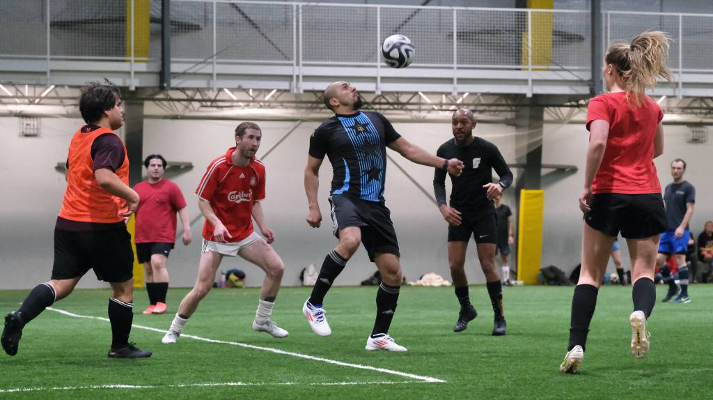 Masters Division action at the 32nd Annual Holiday Cup Soccer Tournament on Tuesday, Dec. 31, at the Dimond Park Field House. (Klas Stolpe / Juneau Empire)