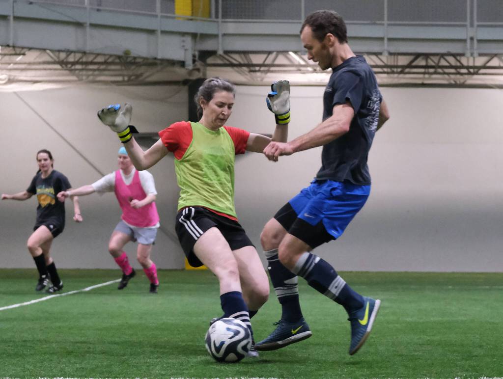 Masters Division action at the 32nd Annual Holiday Cup Soccer Tournament on Tuesday, Dec. 31, at the Dimond Park Field House. (Klas Stolpe / Juneau Empire)