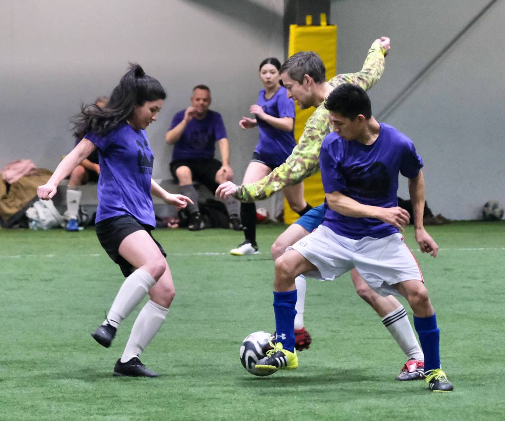 Classics Division action at the 32nd Annual Holiday Cup Soccer Tournament on Tuesday, Dec. 31, at the Dimond Park Field House. (Klas Stolpe / Juneau Empire)