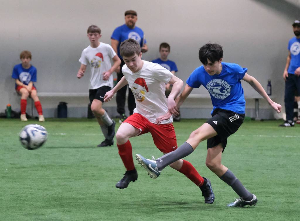 Middle School Division action at the 32nd Annual Holiday Cup Soccer Tournament on Tuesday, Dec. 31, at the Dimond Park Field House. (Klas Stolpe / Juneau Empire)