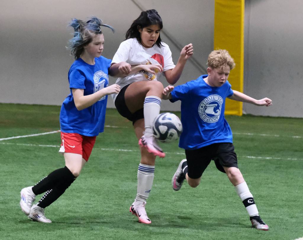 Middle School Division action at the 32nd Annual Holiday Cup Soccer Tournament on Tuesday, Dec. 31, at the Dimond Park Field House. (Klas Stolpe / Juneau Empire)