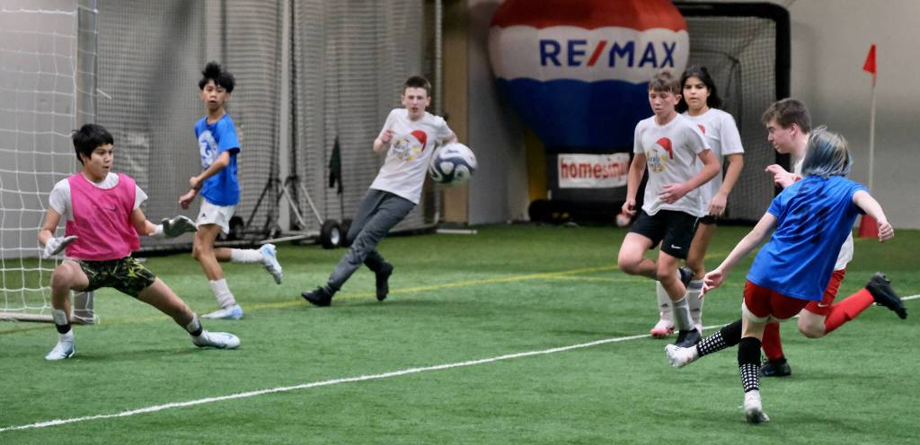 Middle School Division action at the 32nd Annual Holiday Cup Soccer Tournament on Tuesday, Dec. 31, at the Dimond Park Field House. (Klas Stolpe / Juneau Empire)