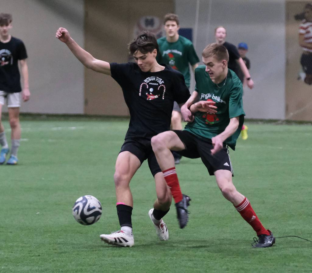 High School Division action at the 32nd Annual Holiday Cup Soccer Tournament on Tuesday, Dec. 31, at the Dimond Park Field House. (Klas Stolpe / Juneau Empire)