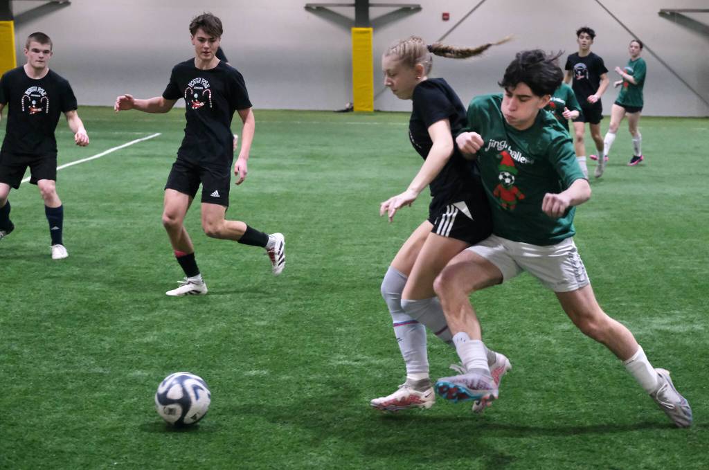 High School Division action at the 32nd Annual Holiday Cup Soccer Tournament on Tuesday, Dec. 31, at the Dimond Park Field House. (Klas Stolpe / Juneau Empire)