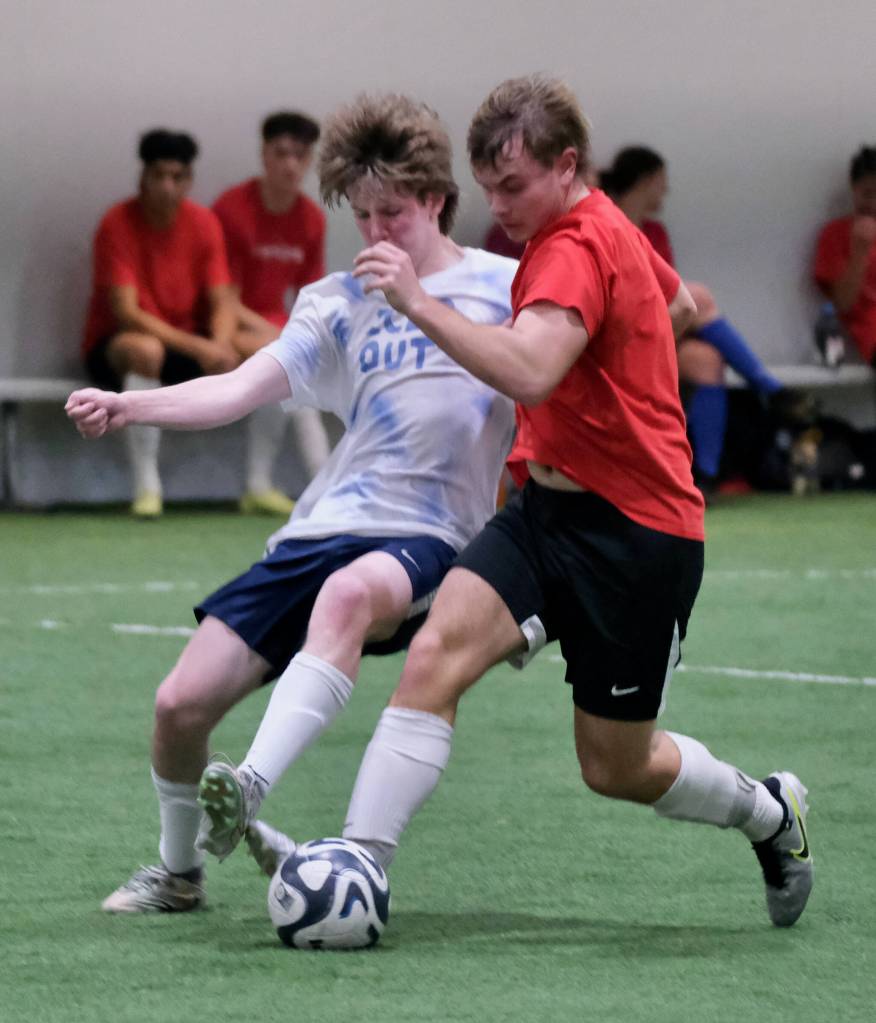 Senior/College Division action at the 32nd Annual Holiday Cup Soccer Tournament on Tuesday, Dec. 31, at the Dimond Park Field House. (Klas Stolpe / Juneau Empire)