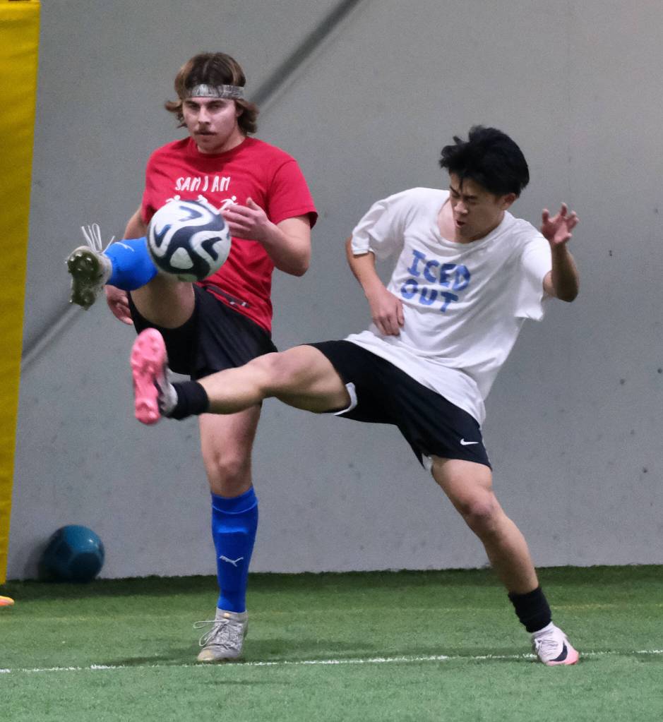 Senior/College Division action at the 32nd Annual Holiday Cup Soccer Tournament on Tuesday, Dec. 31, at the Dimond Park Field House. (Klas Stolpe / Juneau Empire)