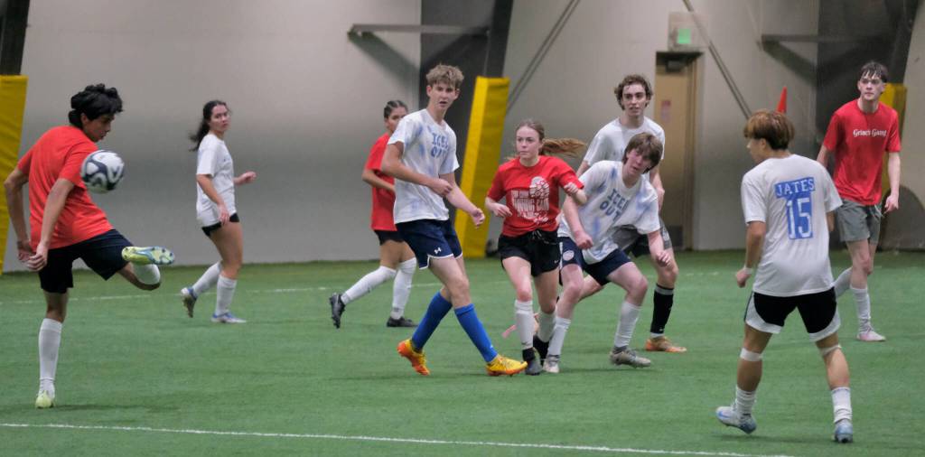 Senior/College Division action at the 32nd Annual Holiday Cup Soccer Tournament on Tuesday, Dec. 31, at the Dimond Park Field House. (Klas Stolpe / Juneau Empire)